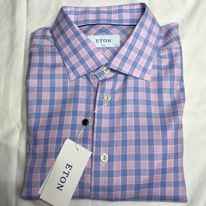 Eton Men's Pink and Blue Checkered Plaid Shirt